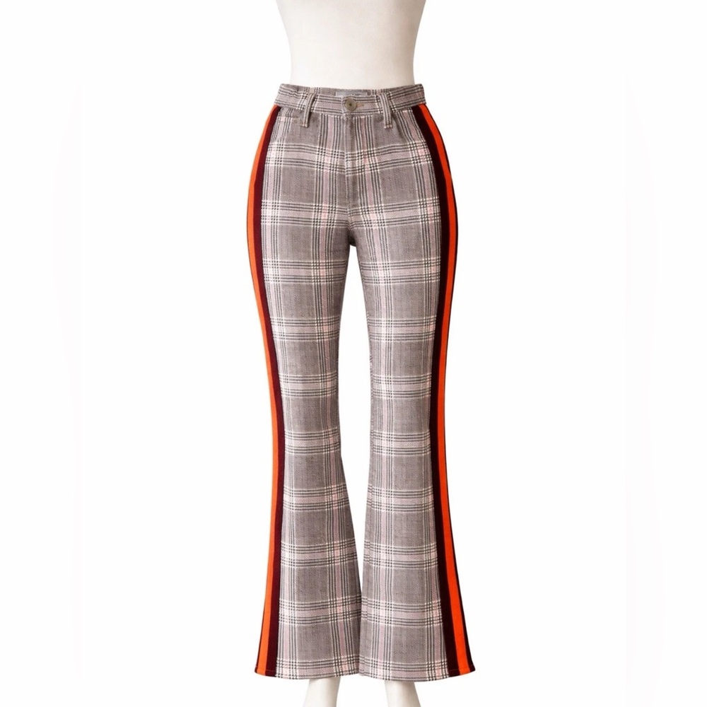 MOTHER Gray Plaid Flare Pants with Orange Stripes